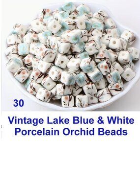Vintage Lake Blue & White Porcelain Orchid Beads  30 Beads